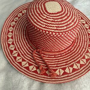 Anthropologie Red and Cream Woven Sun Hat